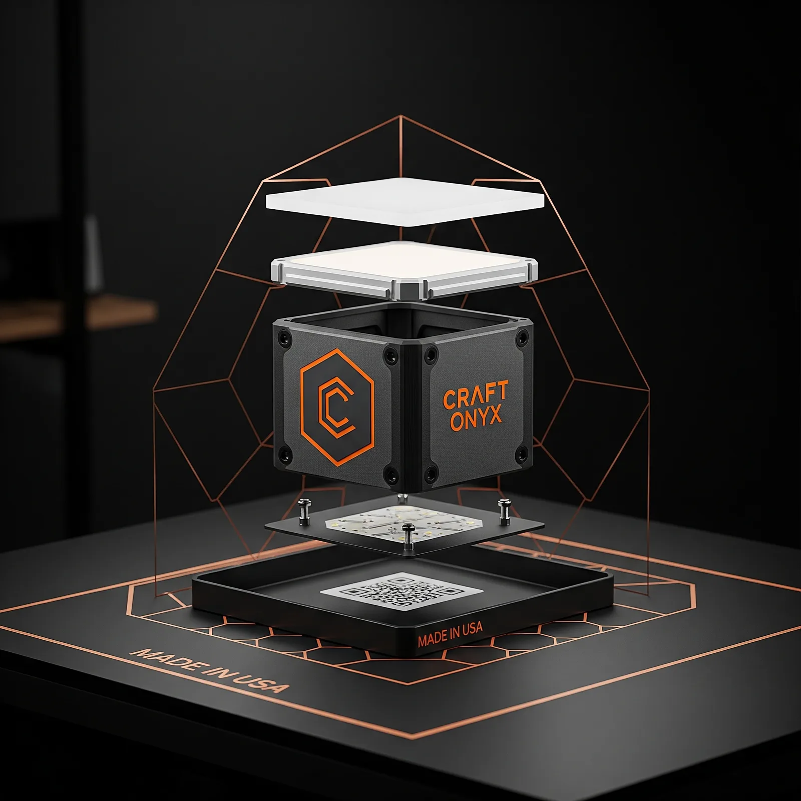 Exploded view of a Craft Onyx LED lightbox showing layered construction