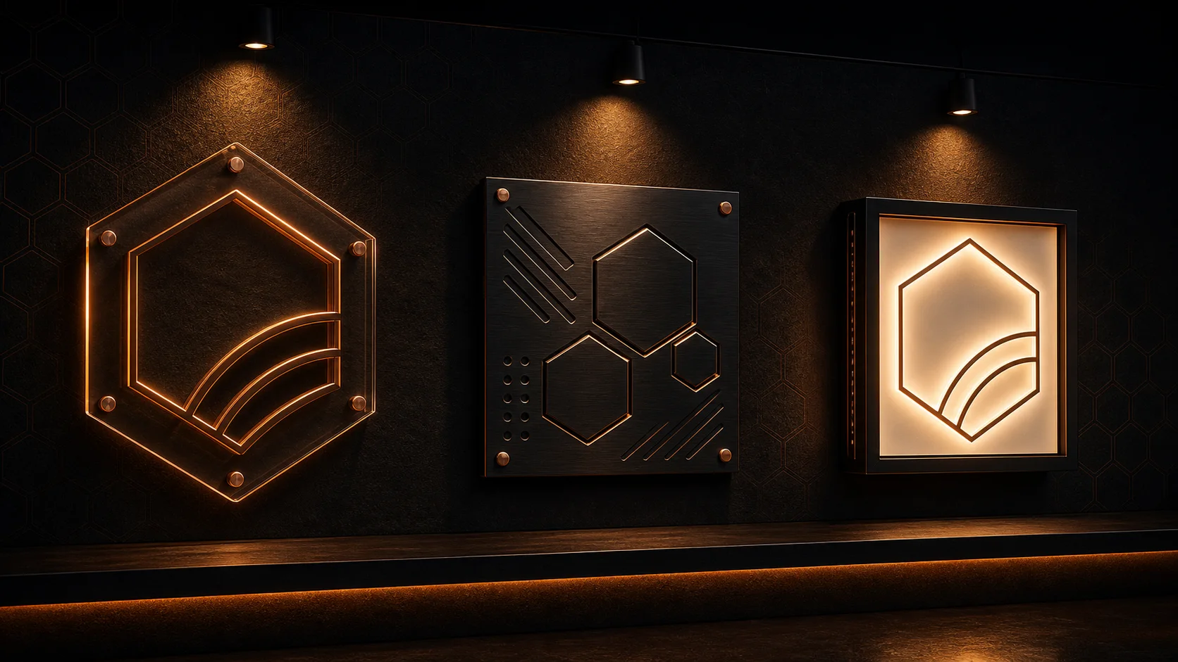 Premium fabricated pieces — acrylic sign, metal plaque, LED lightbox — displayed in dramatic lighting