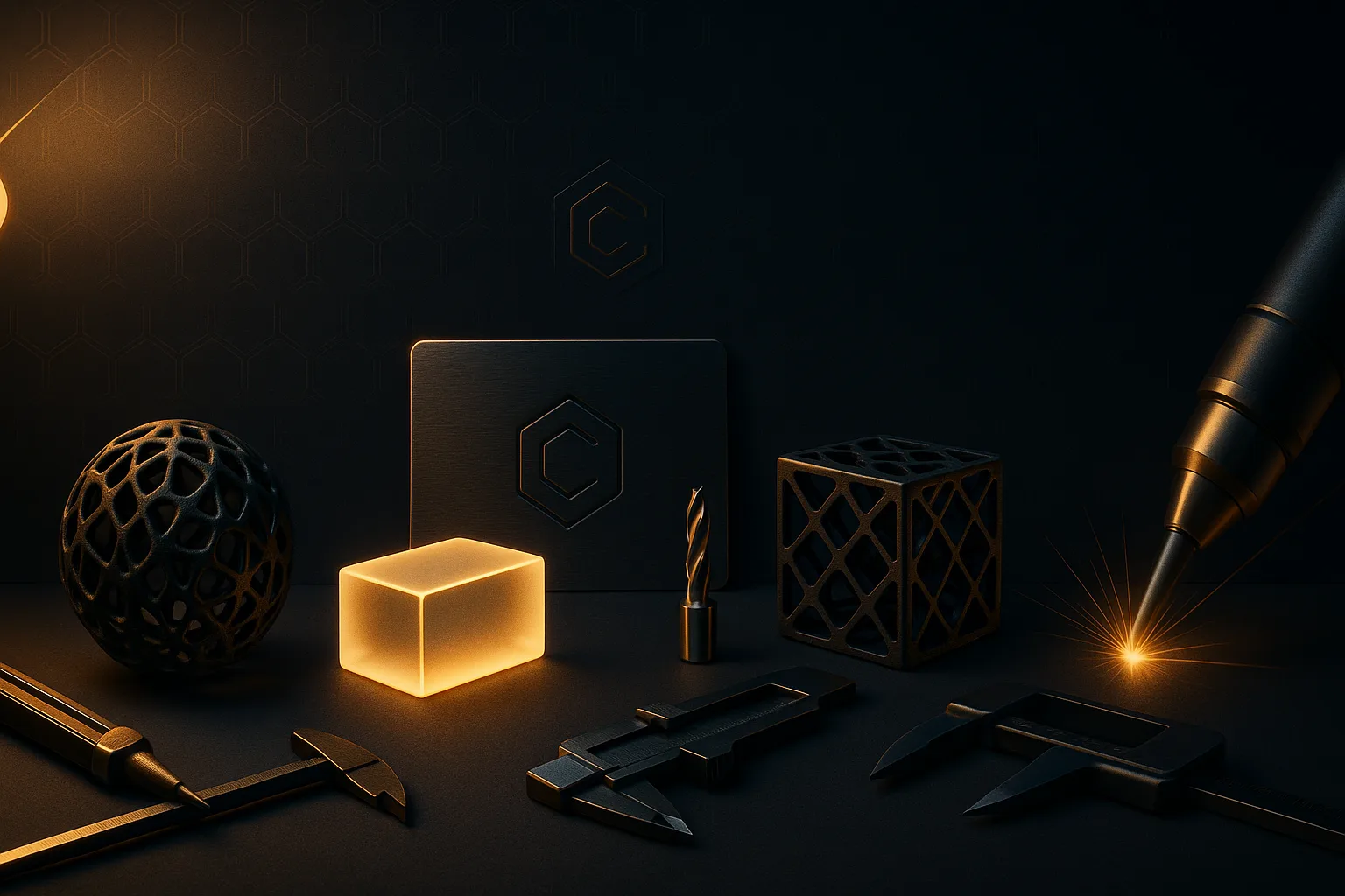 Craft Onyx precision tools and glowing prototype cube on a dark workbench