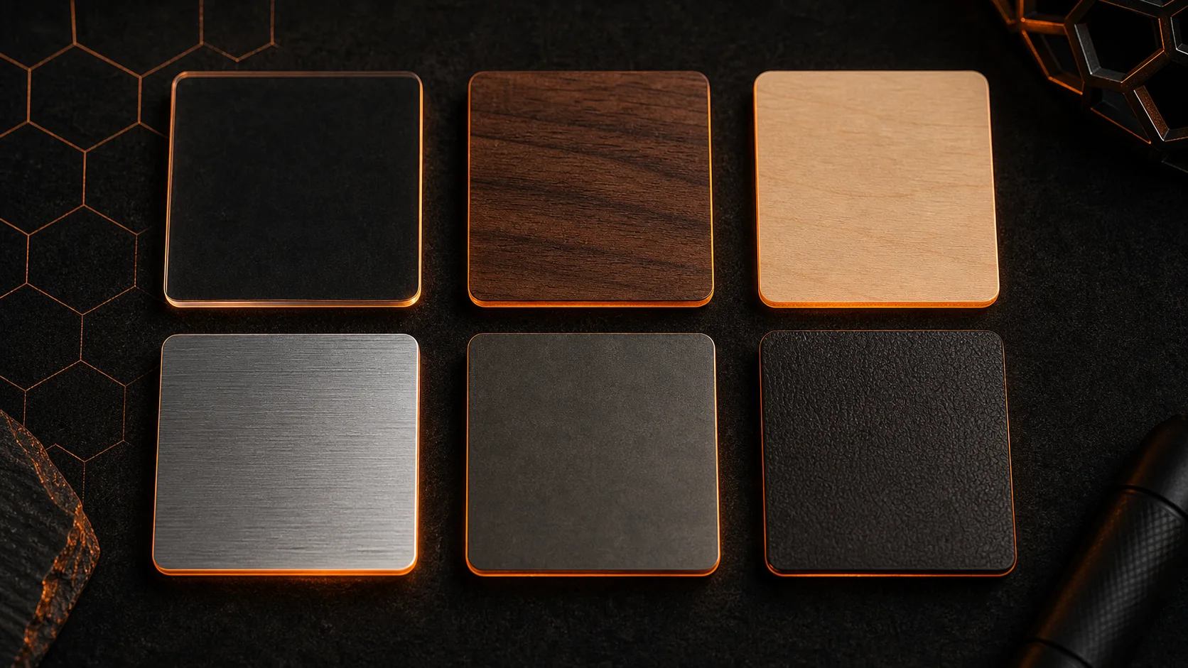 Material swatches: acrylic, walnut, baltic birch, brushed aluminum, steel, leather