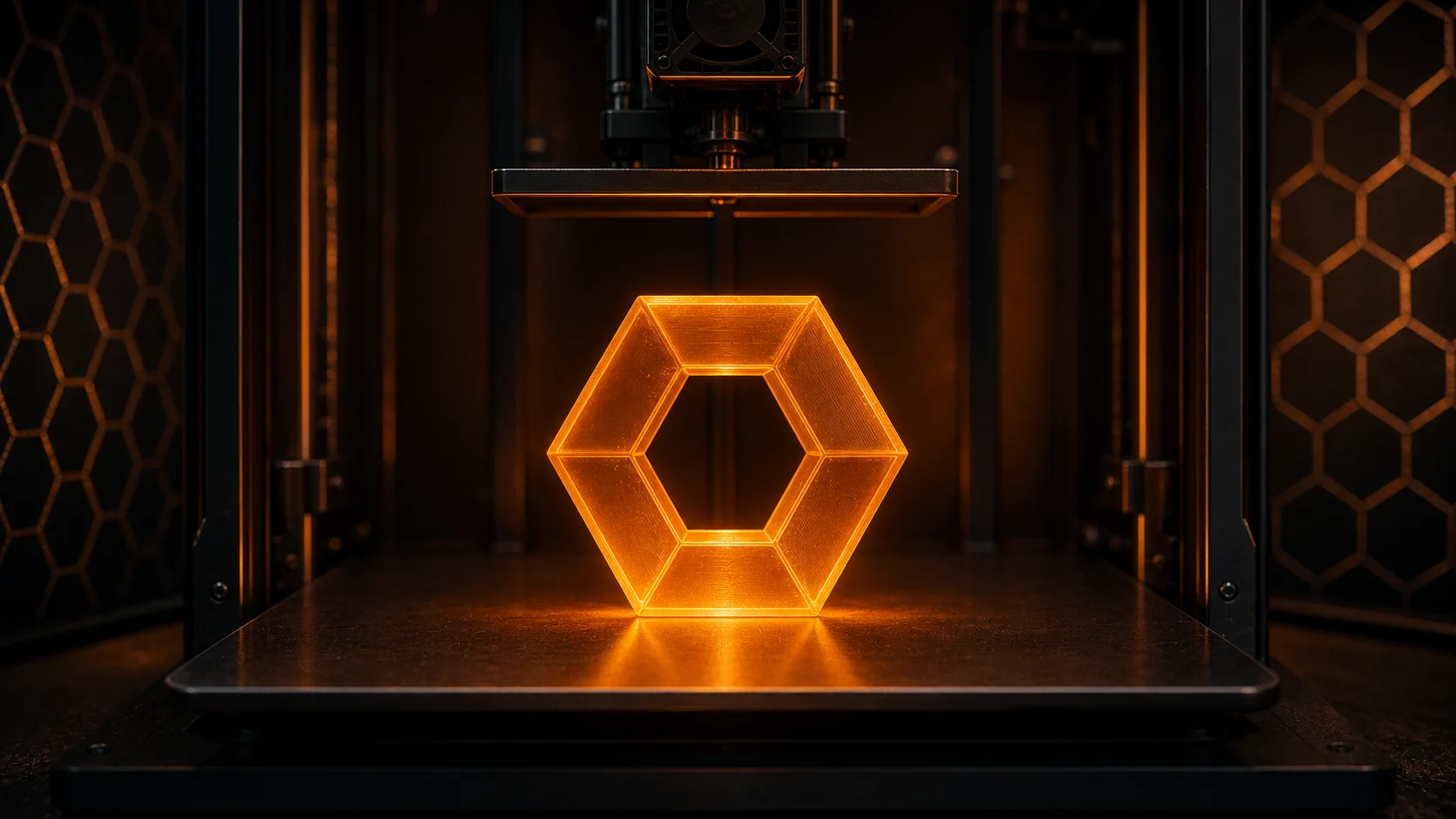 3D printer building an ember-orange prototype part on the Craft Onyx rapid prototyping bench