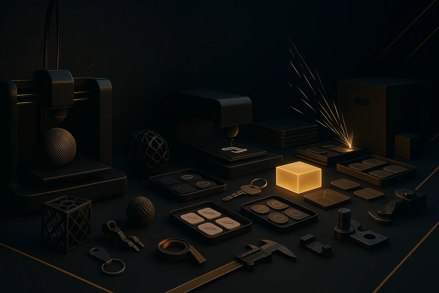 Craft Onyx branded studio render — 3D printer, laser sparks, glowing acrylic cube, and finished parts in near darkness