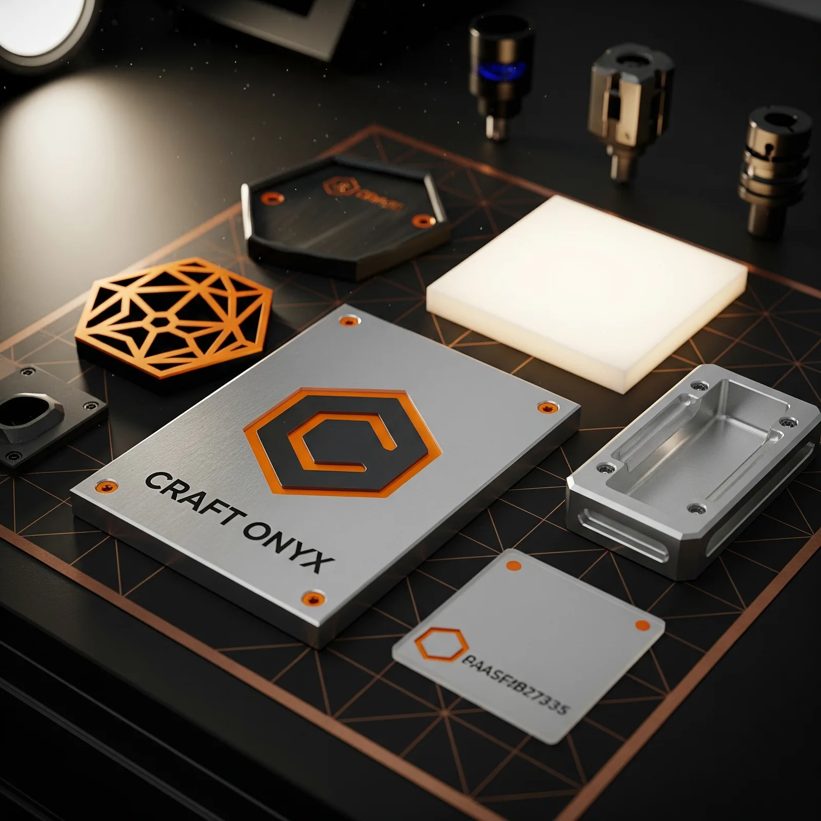 Craft Onyx branded studio render — machined aluminum logo plaque, laser-cut copper hexagon, and material samples on a dark bench