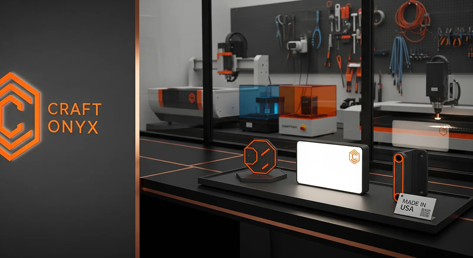 Craft Onyx studio render with a fiber laser cutting a part beside the tool wall