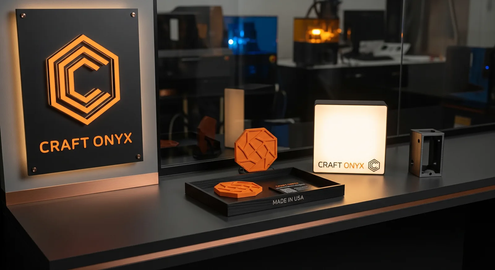 Craft Onyx branded studio render — backlit logo wall sign and a glowing LED lightbox on the front counter