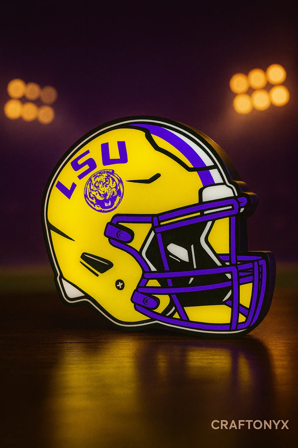 LSU Tigers LED lightbox design glowing on a shelf