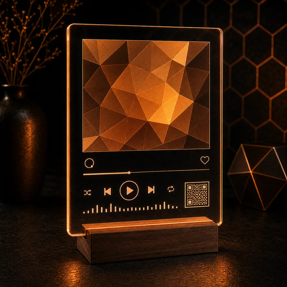 Clear acrylic song plaque on a stand showing a couple’s photo in a music-player style layout with a scannable QR code