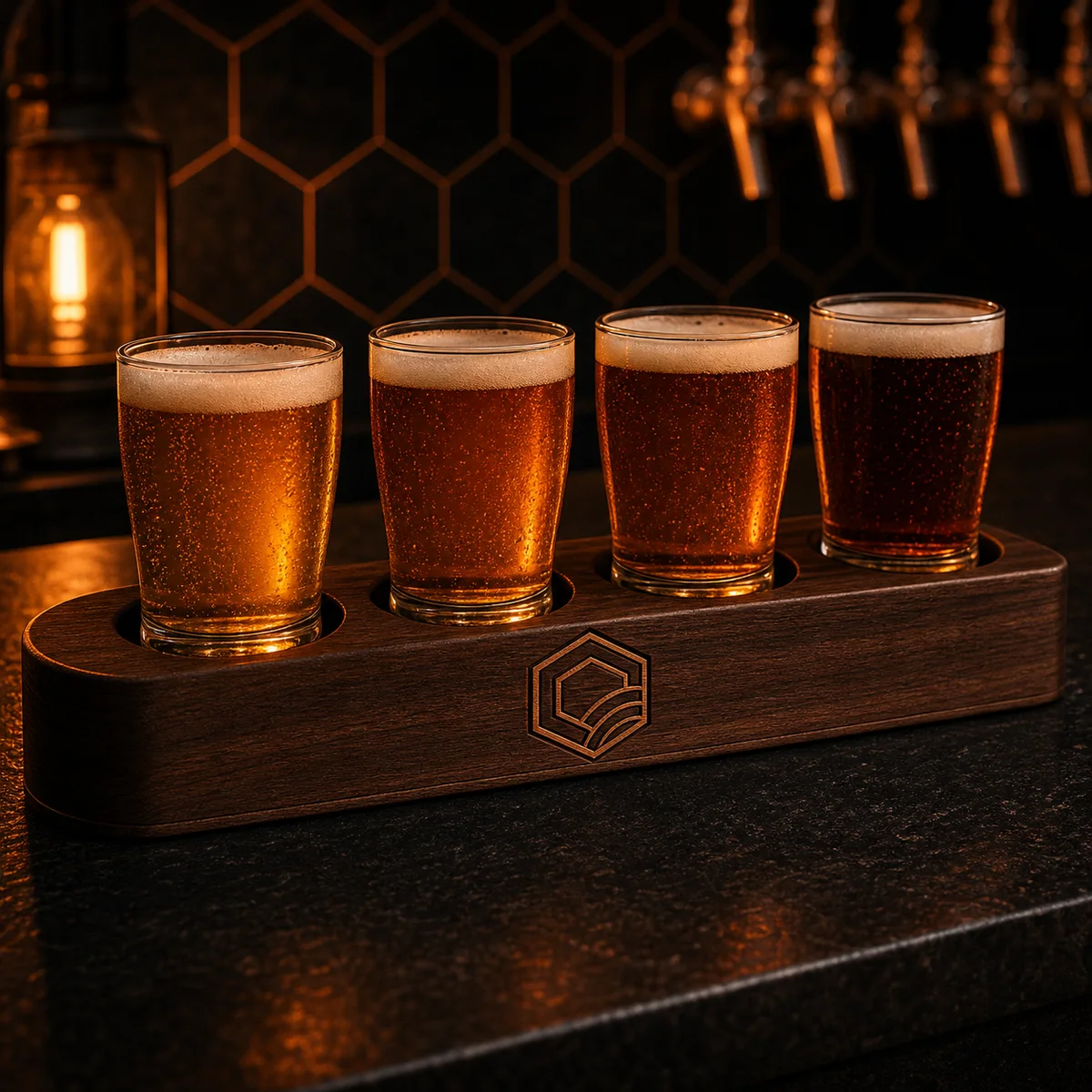 Laser-engraved brewery flight paddle with taster glasses, CNC-cut tap handle, and UV-printed logo coasters