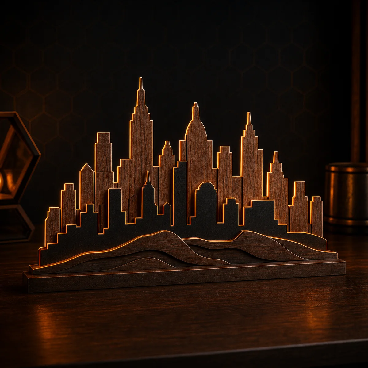 3D-printed Knoxville city skyline sign with a layered downtown silhouette, displayed on a wooden shelf