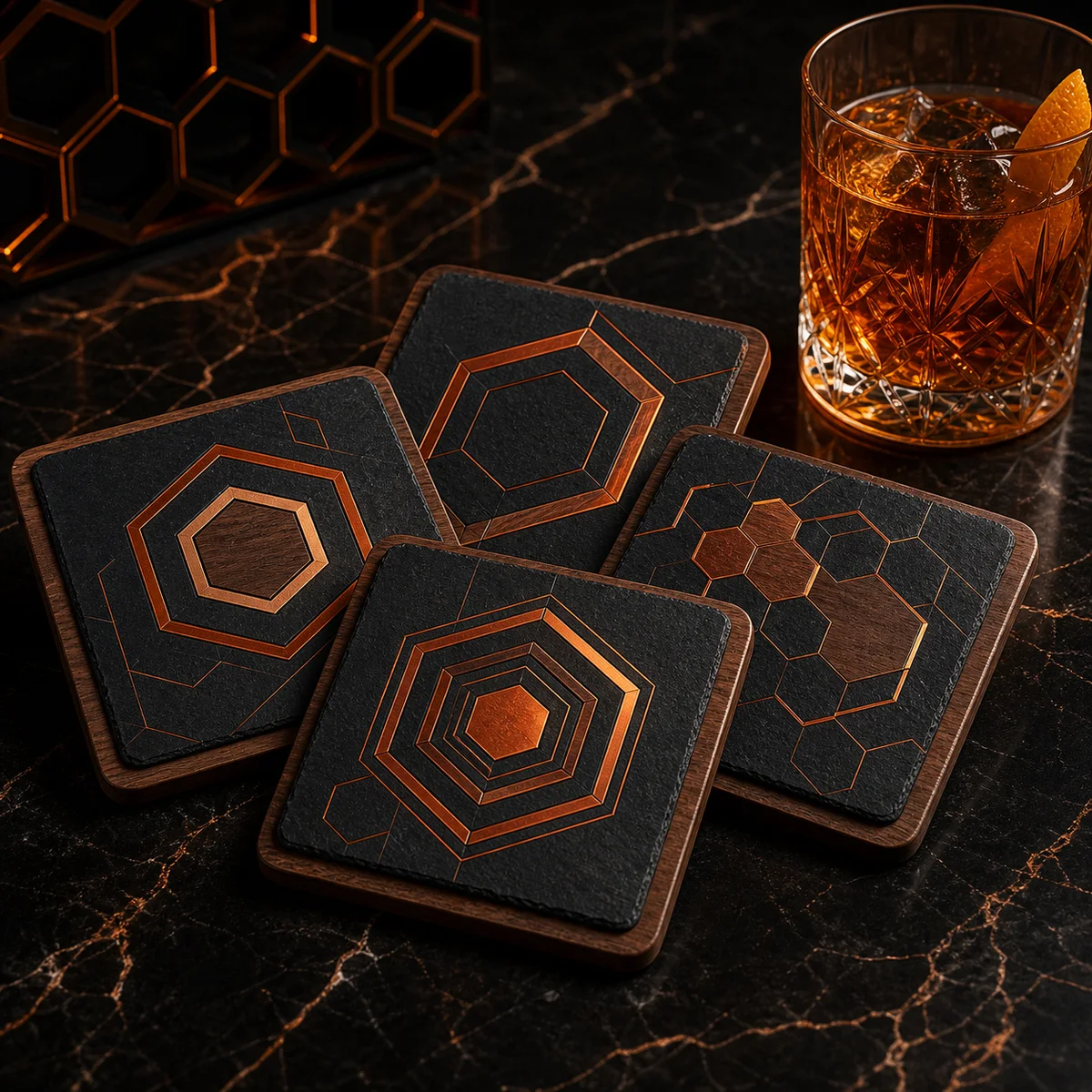 Round coaster with an orange and white checkerboard design and bold collegiate-style letter