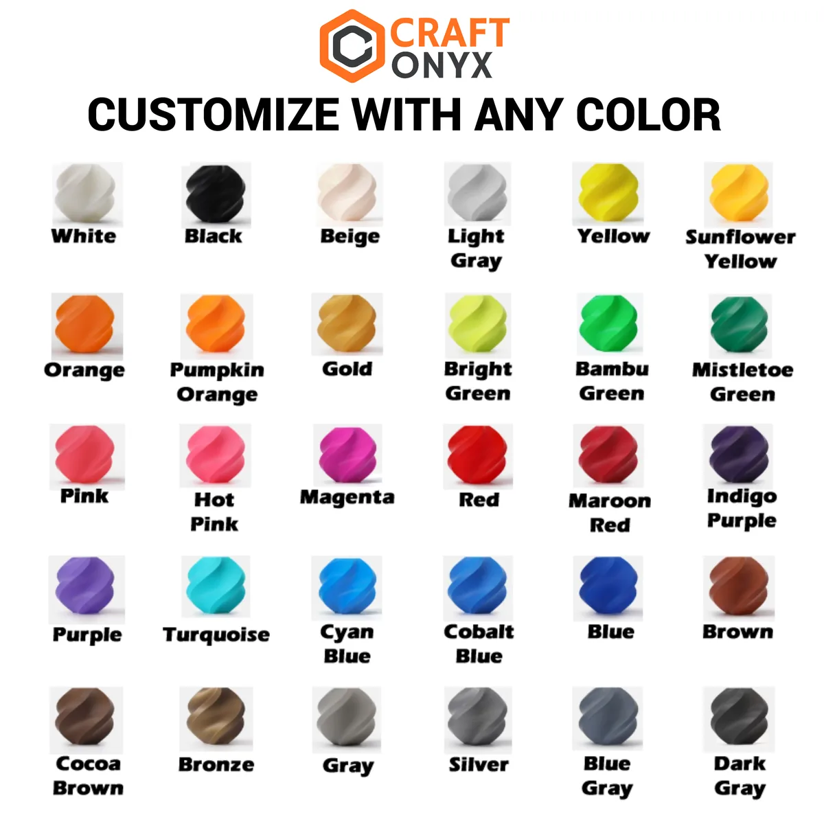 Chart of 30 UV print color options on dark sample swatches