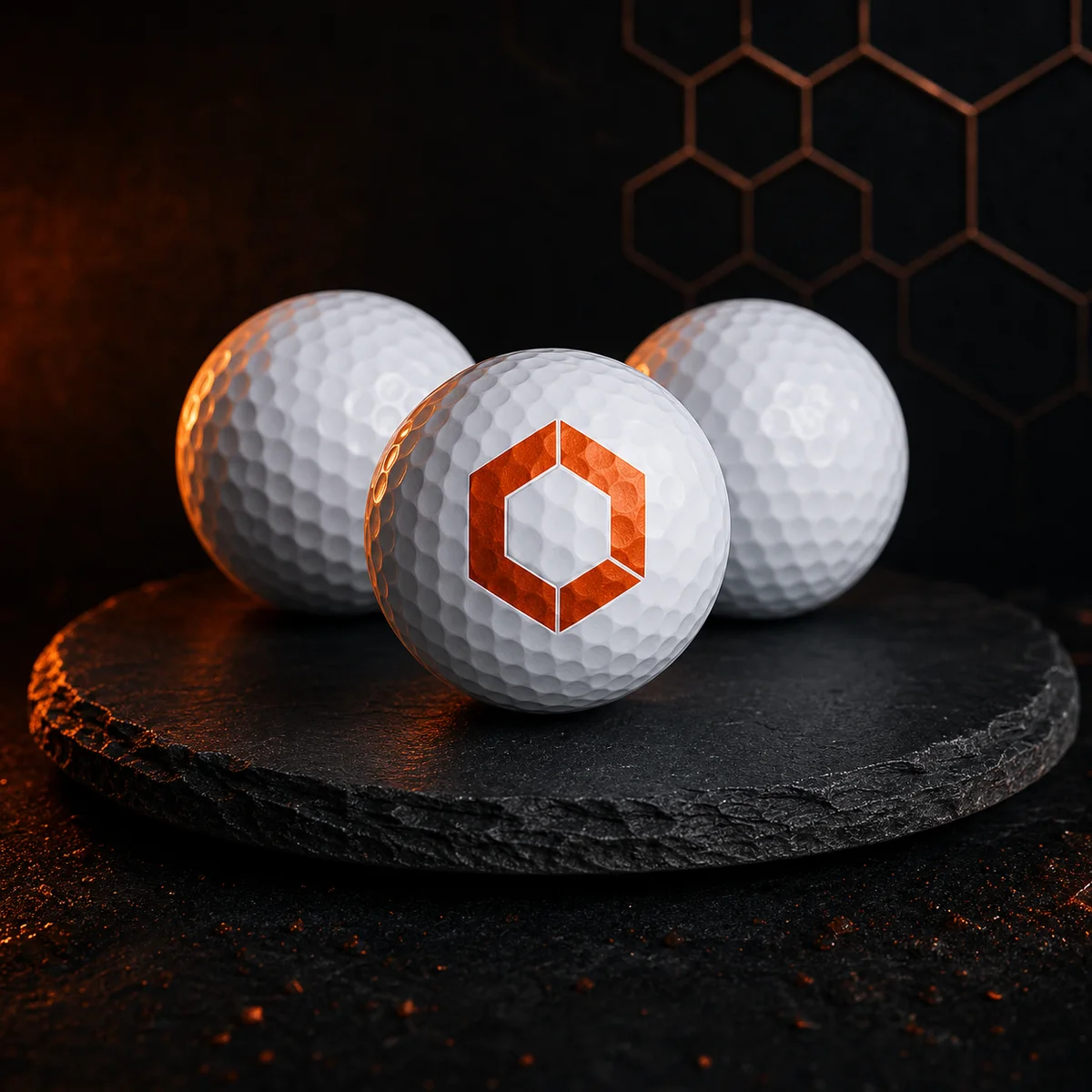 Custom UV-printed golf balls with ember hexagon logo on dark slate