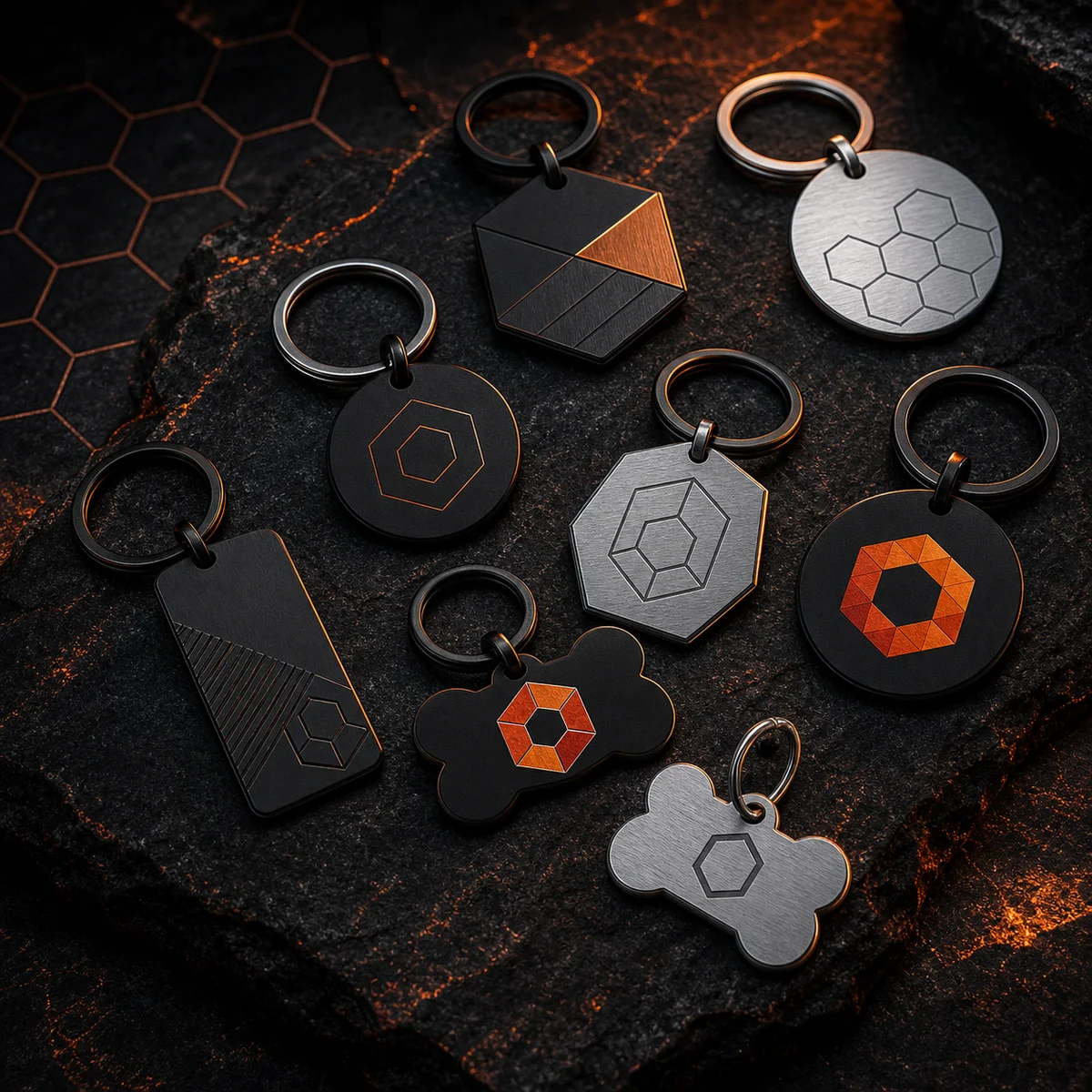 Premium engraved and UV-printed metal keychains and pet tags on dark stone
