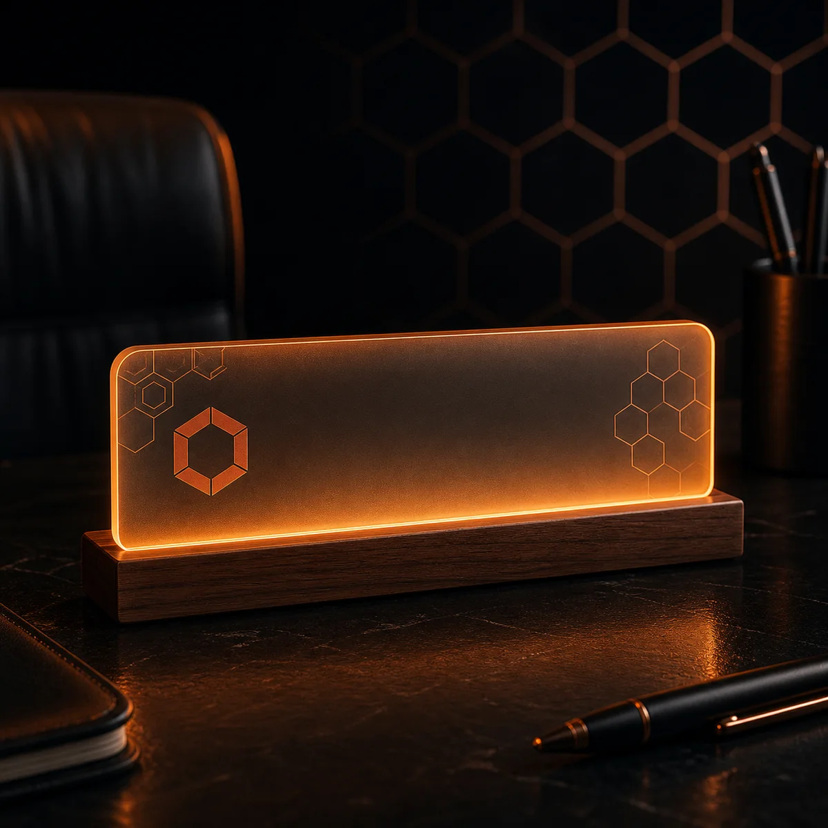 Walnut and frosted acrylic desk nameplate with ember LED edge glow