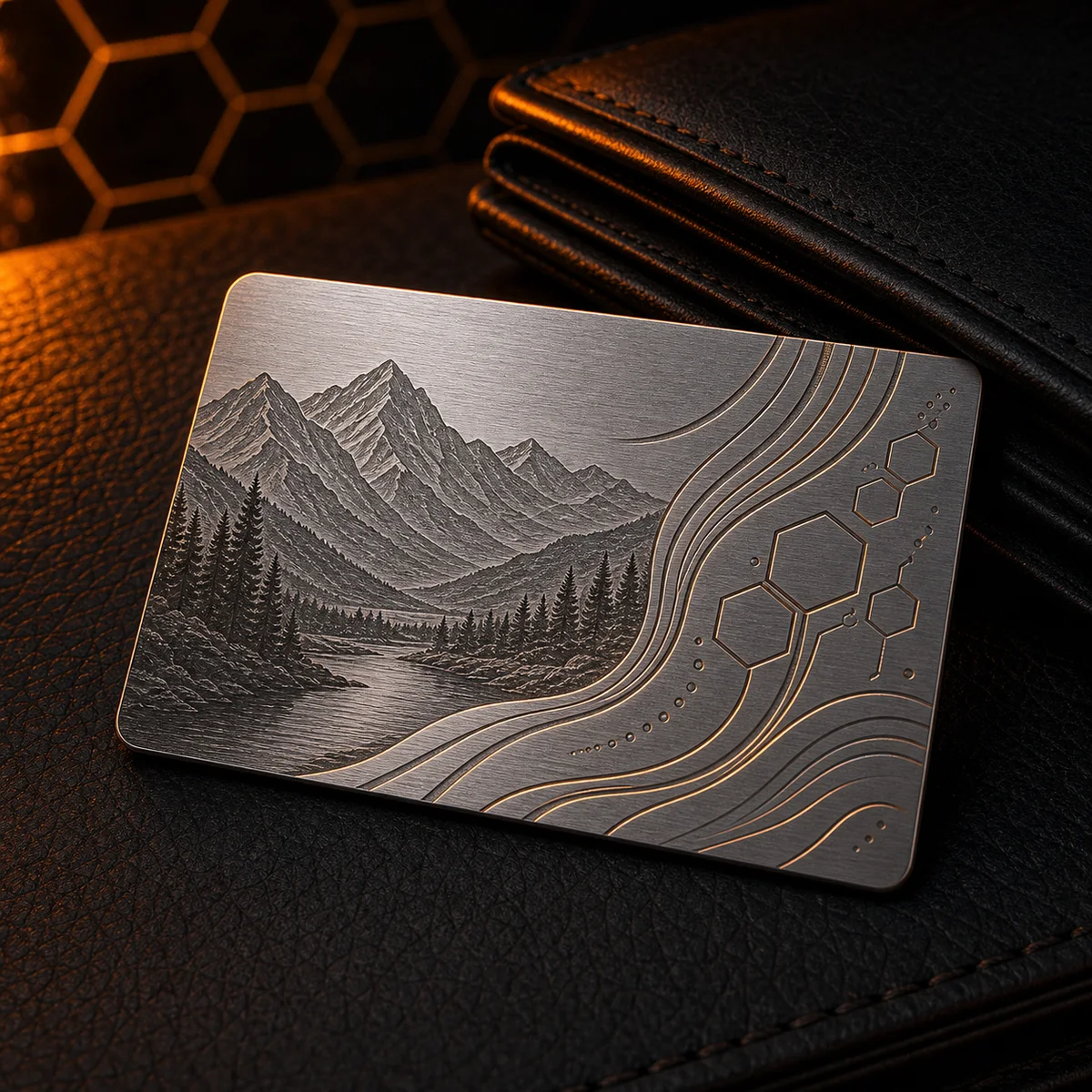 Anodized aluminum wallet insert card laser-engraved with a photo and handwritten note