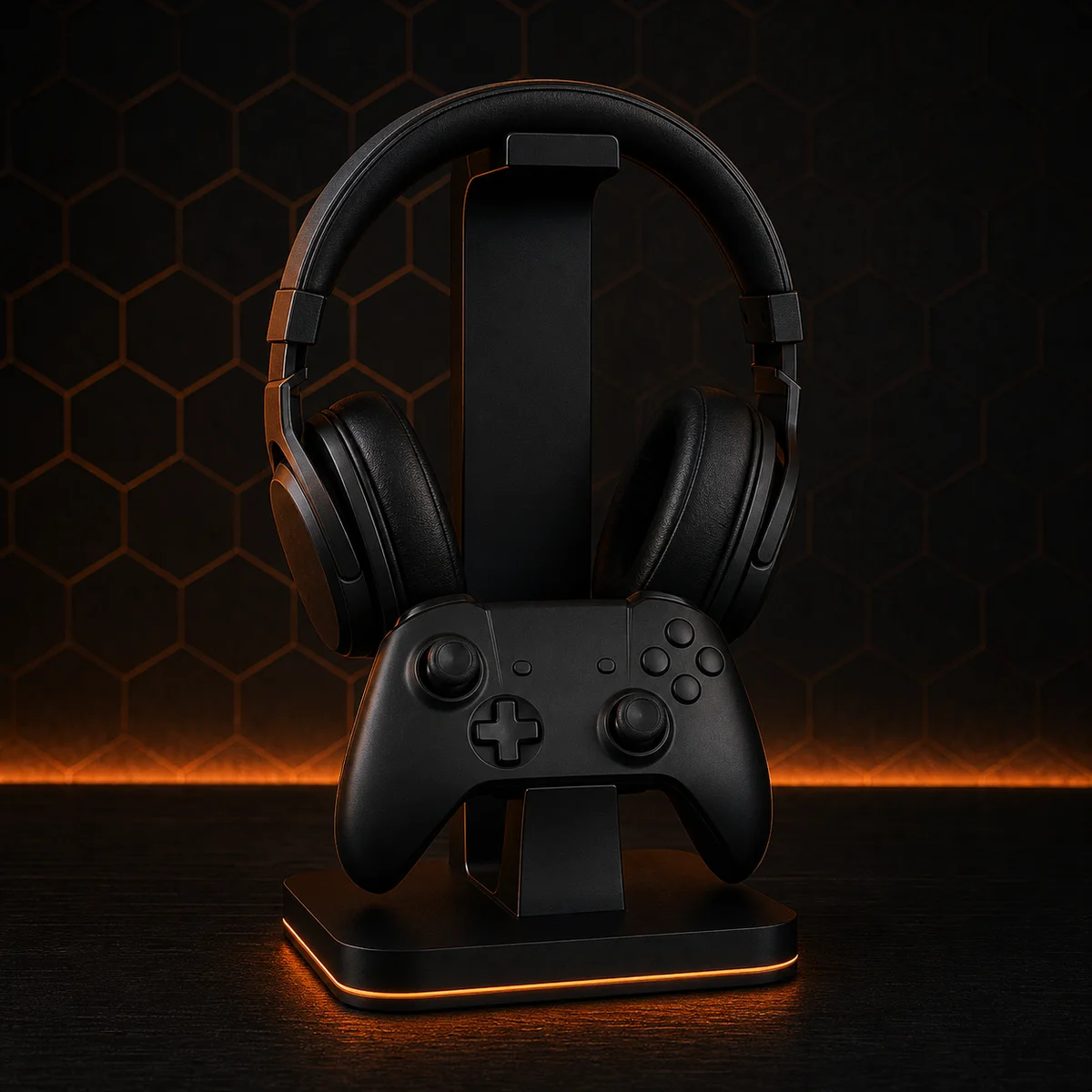 Custom controller and headphone stand with an engraved gamertag on the weighted base
