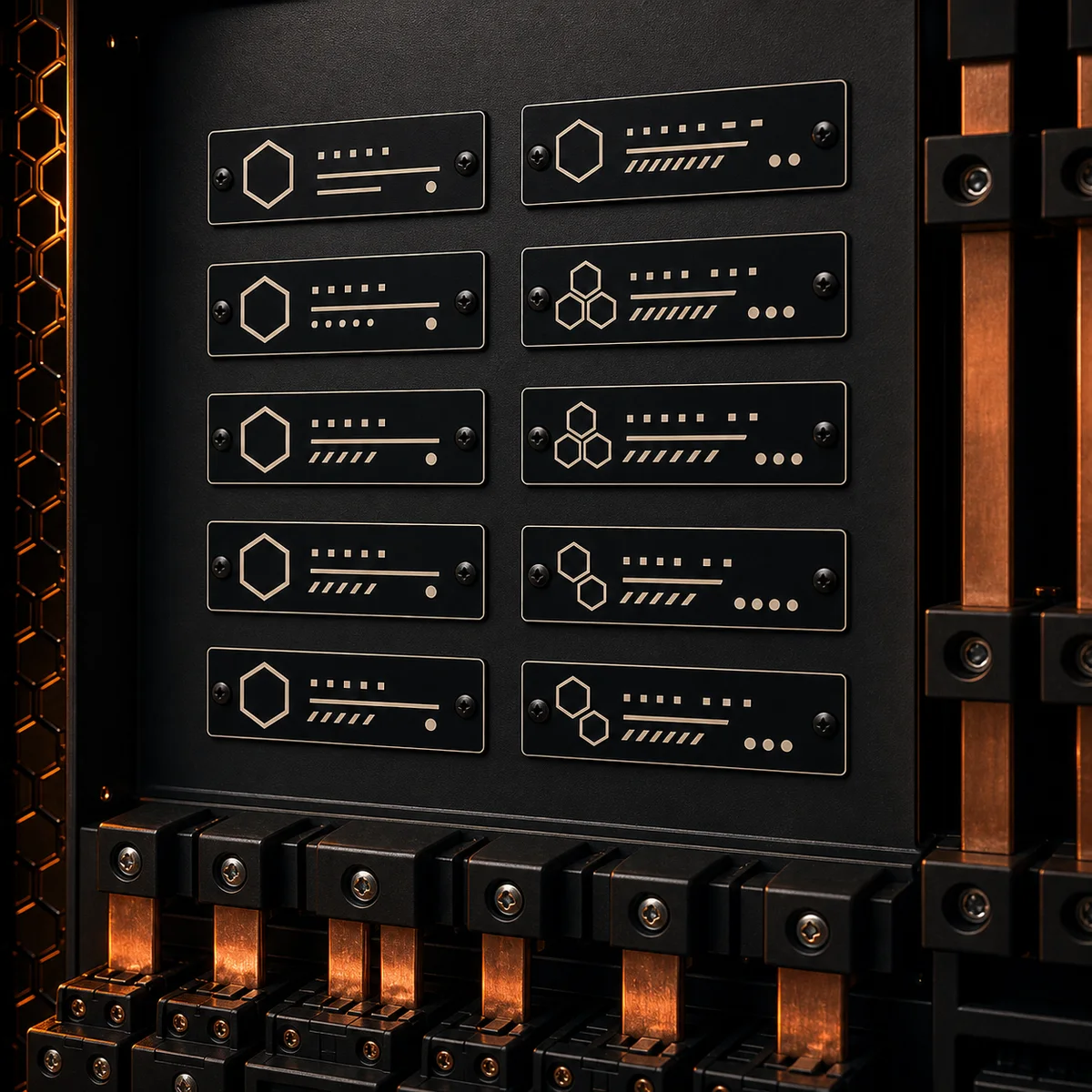 Engraved black and white two-ply legend plates beside pushbuttons on an industrial control panel