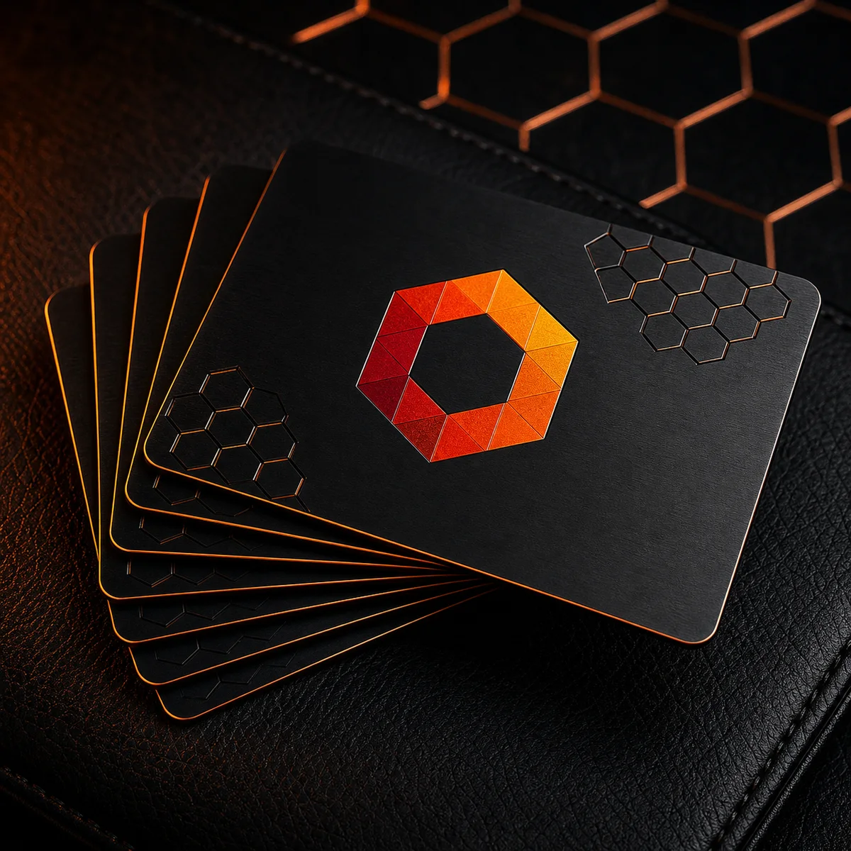 Fanned stack of matte-black aluminum business cards with full-color UV-printed hexagon branding