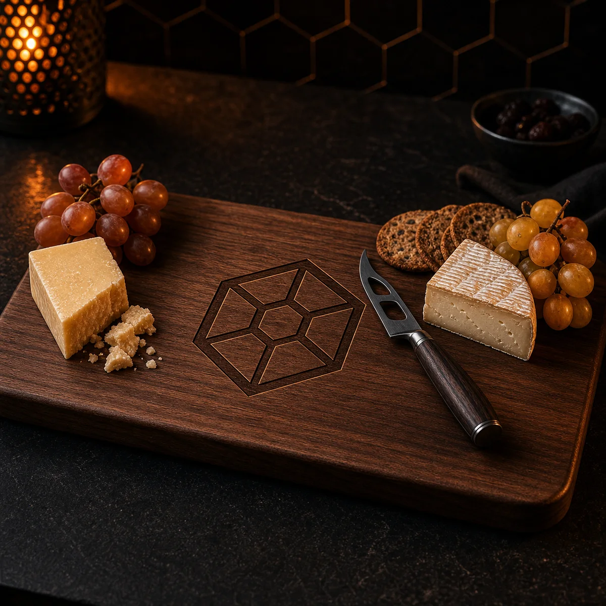 Personalized charcuterie board with a deep-engraved family name and established date, styled with cheese and fruit