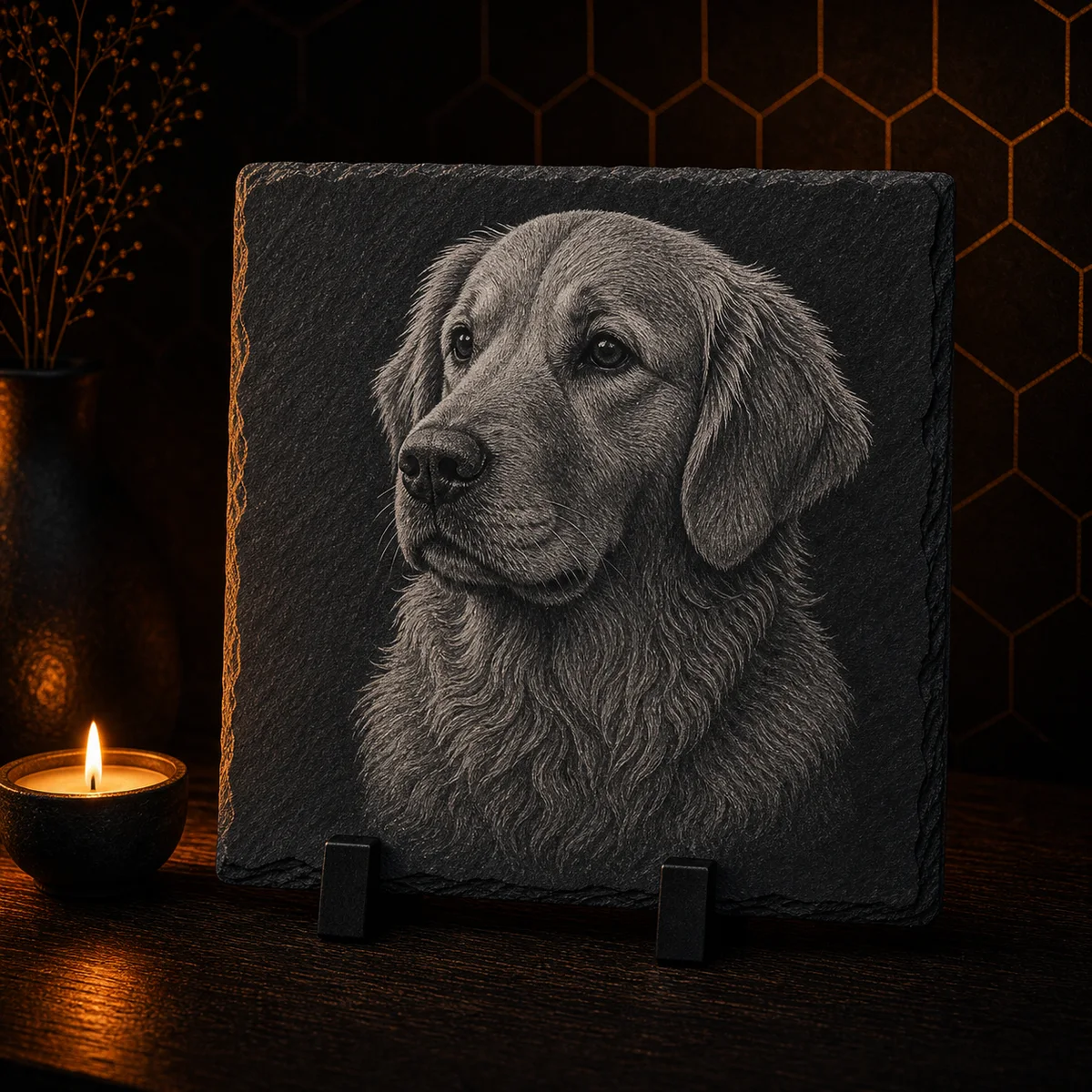 Slate pet memorial plaque engraved with a dog’s portrait, name, and years