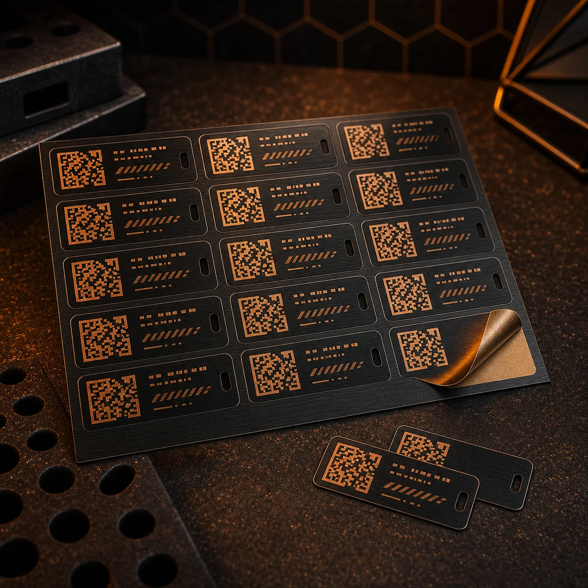 Rows of laser-marked anodized aluminum asset tags with QR codes and sequential serial numbers