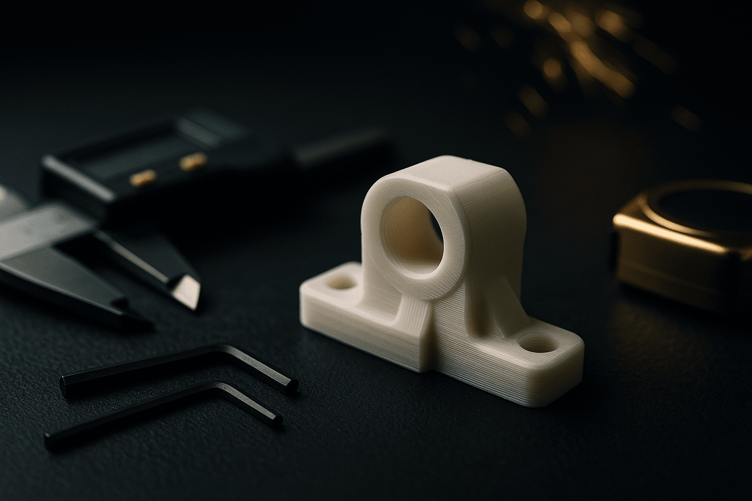 3D-printed bracket measured with calipers on a workbench
