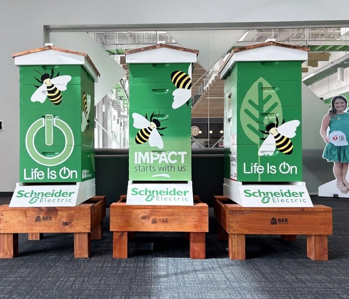 Three full-size beehive display models with Schneider Electric sustainability branding on wooden stands